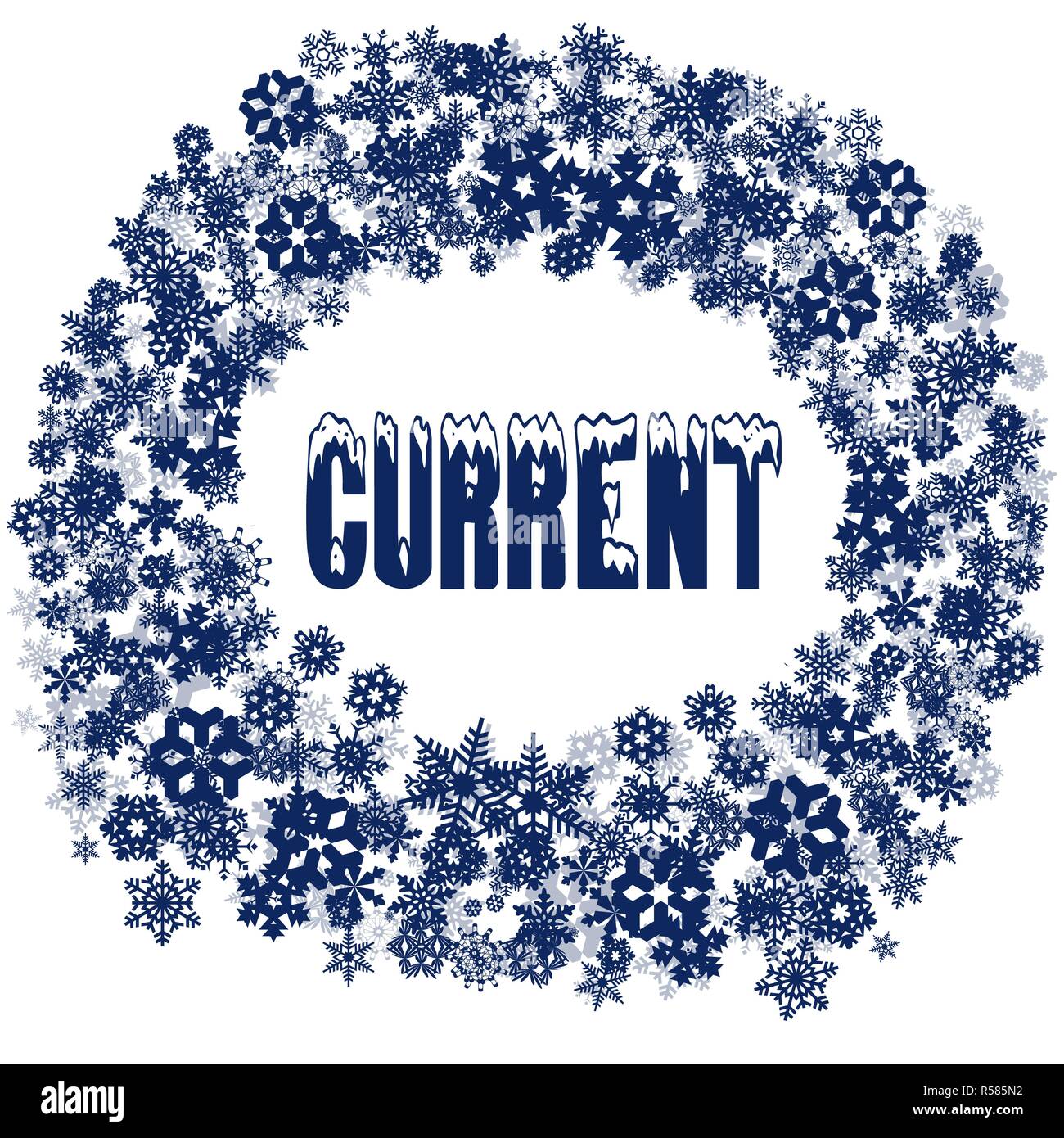 Snowy aktuelle Text in Snowflake frame. Stockfoto