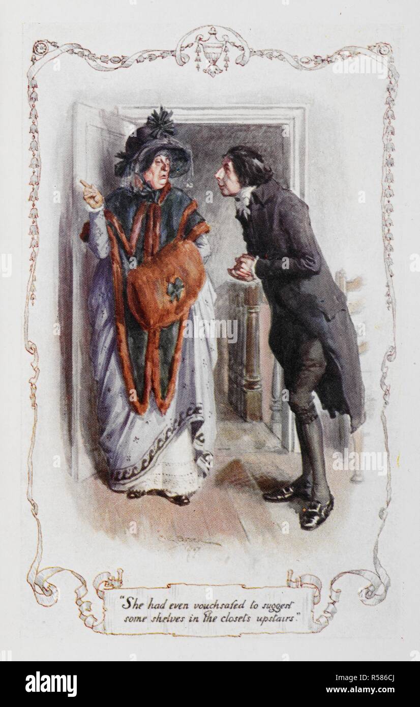 Sie hatte sogar gewaehrleiste, einige Regale in den Schränken im Obergeschoss" vorschlagen. William Collins. Illustration zu "Stolz und Vorurteil", dem Roman von Jane Austen. . Stolz und Vorurteil. London: J. M. Dent & Söhne, 1907. Quelle: 012208 b. 2/3 der gegenüberliegenden Seite 58. Sprache: Englisch. Autor: Austen, Jane. Brock, Charles Edmund. Stockfoto