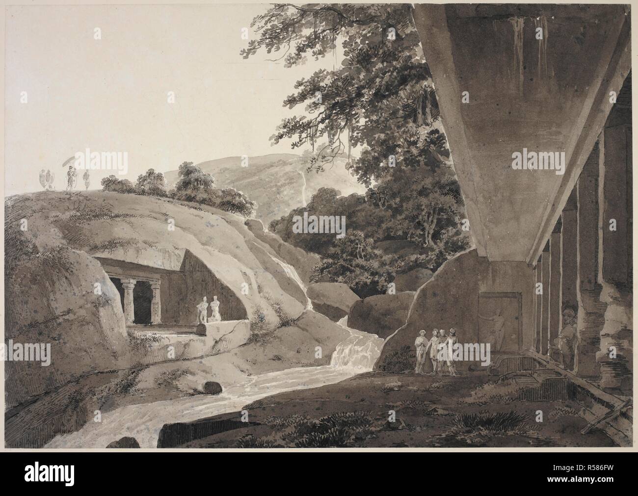 Höhlen 10 und 12 Kanheri, Salsette: Cave 10, der 'arbar Hall', auf der rechten Seite, Höhle 12 auf der linken Seite. Auf der Rückseite mit Tinte bezeichnet: â € "Eines der oberen Höhlen bei Kanaree. Salsette: Juli 20th, 1793 â € ™. Höhlen 10 und 12 Kanheri, Salsette: Cave 10, der 'arbar Hall', auf der rechten Seite, Höhle 12 auf der linken Seite. 20. Juli 1793 (Russell Collection). 1793. Waschen; 13,5 von 19 ins. Quelle: WD 547. Autor: DANIELL, WILLIAM. DANIELL, Thomas. Stockfoto