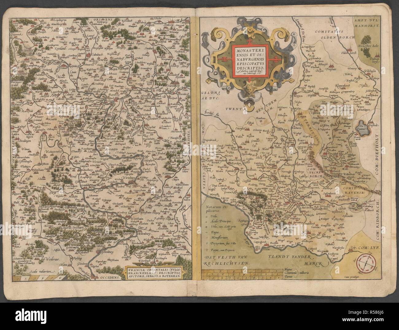 Ostfrankreich und Osnabrück. Das Mercator Atlas Europa. 1570-1572. Karte von Frankreich. Franciae Orientalis (vulgo Franckenlant) descriptio [linke Seite]. Karte des Bistums Osnabrück. Monasteriensis et Osnaburgensis Episcopatus descriptio [rechte Seite]. Bild aus der Mercator Atlas Europa übernommen. Ursprünglich veröffentlicht in 1570-1572 produziert. . Quelle: Karten. C 29. c 13, 19. Thema: Mercator, Gerhard. Sebastian von rotenhan. Stockfoto