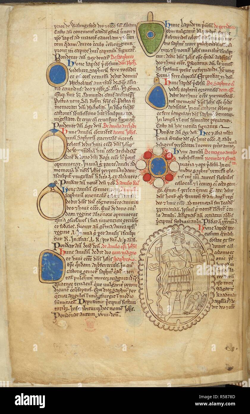 Text; mit Zeichnungen von Edelsteinen, Ringe und Miniaturen in der Schatzkammer von St Albans. Liber Additamentorum. England [St Albans]; ca. 1250-1254. Quelle: Baumwolle Nero D I, f.146 v. Sprache: Latein. Thema: Paris, Matthew. Stockfoto