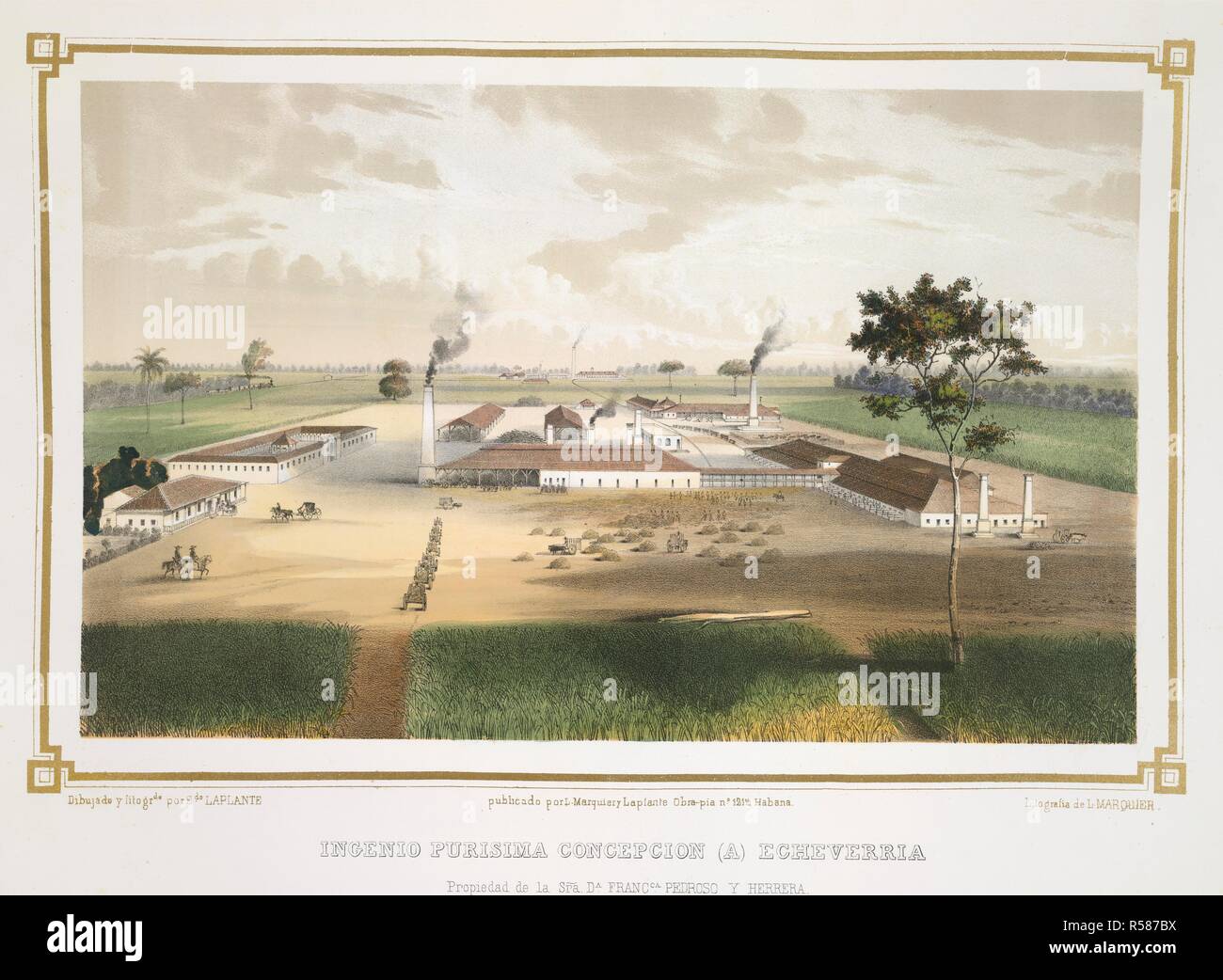 Ingenio PurÃ-sima. Los Ingenios. Coleccion De Vistas de los. Havanna, 1857. Ingenio PurÃ-sima ConcepciÃ³n Echeverria. Propiedad de la SeÃ±ora Dona Francisca Pedroso y Herrera. Eine Zuckerfabrik in Kuba. Bild von Los Ingenios genommen. Coleccion De Vistas de los principales ingenios de Azucar de la Isla de Cuba. Edicion de Lujo. El texto redactado por J. G. Cantero Las lÃ¡Minas dibujadas del Natürliche y litografiadas por Eduardo Laplante, usw. (Habana, 1857.). Ursprünglich veröffentlicht in Havanna, 1857 produziert. . Quelle: 1780. C.14,. Sprache: Spanisch. Stockfoto