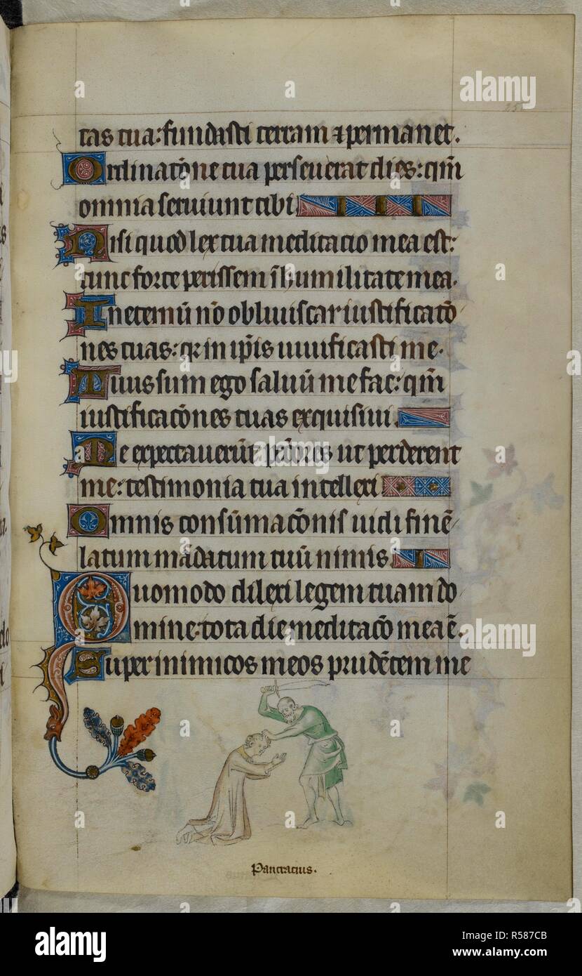 Bas-de-Seite Szene der Enthauptung von pancras von einem Mann mit einem Schwert, einem ersten. Psalter (die "Queen Mary Psalter"). England (London/Westminster oder East Anglia?); zwischen 1310 und 1320. Quelle: Royal 2 B VII, f250. Sprache: Latein, mit französischen Bildunterschriften. Stockfoto