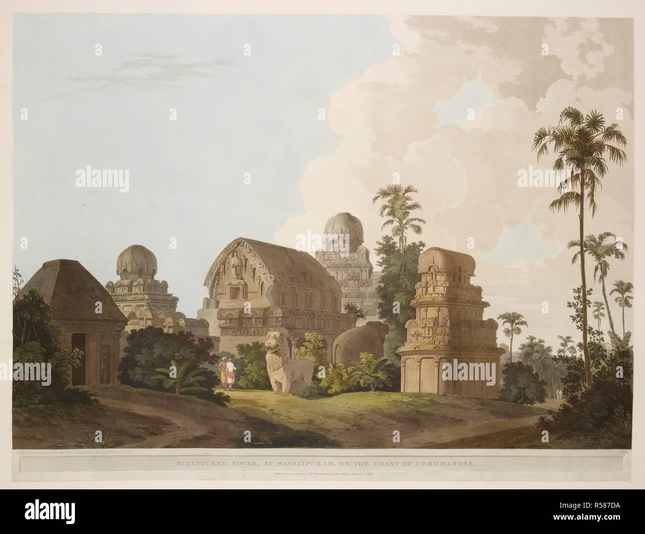 Ergonomisch geformten Felsen, an Mavalipuram, an der Küste von Coromandel. Eine Gruppe von Denkmälern in Mahabalipuram; ratha Tempel in der Form von processional Wagen, Mandapa, oder rock Heiligtümer modelliert als Zimmer mit Reliefs bedeckt; Felsreliefs im Freien ein beliebter veranschaulichen Episode in der Ikonographie der Siva einschließlich Darstellungen von Wild- und Haustieren Zeugen. Antiquitäten aus Indien. Zwölf Ansichten aus den Zeichnungen von Thos. Daniell, 1799: mit Beschreibungen. [London]: veröffentlicht, die Akte von Thos Daniell, Howland Street, Fitzroy Square, Octr 15 1799 leitet. Quelle: 10. Tab., S. 30. (3), pla Stockfoto