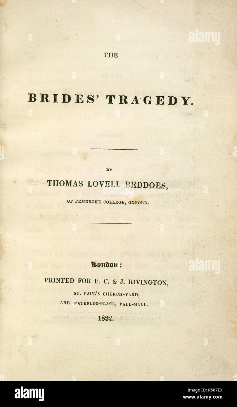 Titel der Seite. Die Bräute Tragödie. F. C. und J. Rivington: London, 1822. Titelseite der Bräute Tragödie, ein düsterer Mord Tragödie. Bild aus der Bräute Tragödie. Ursprünglich veröffentlichte/in F. C. und J. Rivington: London, 1822 produziert. . Quelle: C. 59. w.22, Titelseite. Sprache: Englisch. Stockfoto