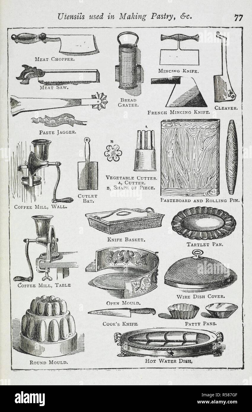 Besteck, Gebäck, darunter verschiedene Messer, Werkzeuge und Dosen verwendet. Das Buch der Haushaltsführung... Völlig neue Edition, überarbeitete und korrigierte, mit neuen farbigen Holzschnitten. London: Station, Schloss, Bowden & Co., 1892. Quelle: 7942.dd.9. auf Seite 77. Autor: ISABELLA BEETON, Maria. Stockfoto