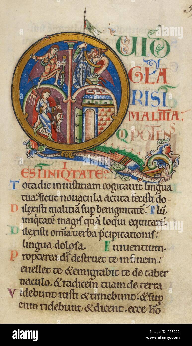 Eine Historisierte Initiale mit David und Goliath. . Psalter (die "haftesbury Psalter") mit Kalender und Gebete. England; 2. Quartal des 12. Jahrhunderts. Quelle: Lansdowne 383 f 57. Sprache: Latein. Stockfoto