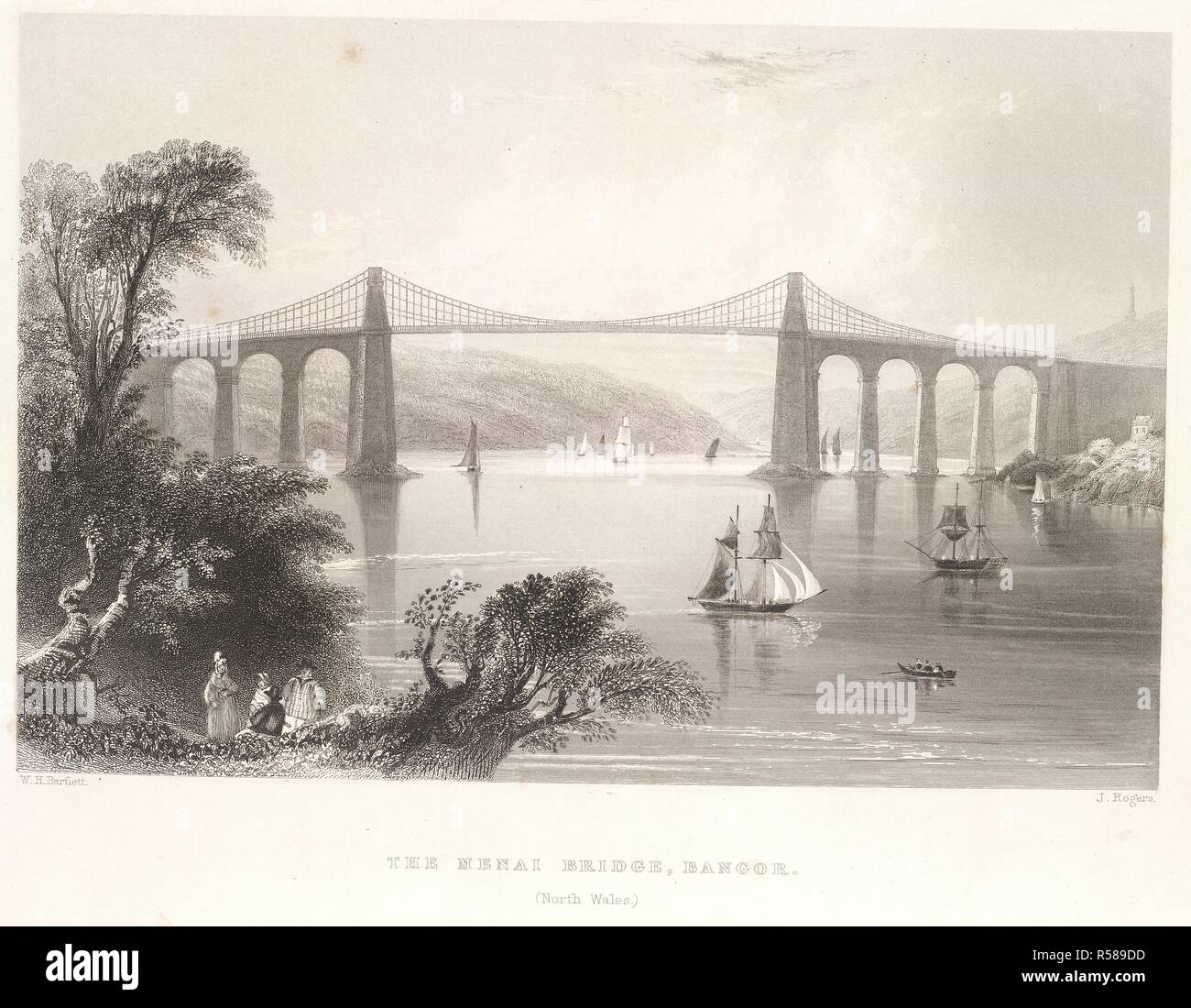 Die Menai Bridge. Die Häfen, Bewässerung - Orte und Küste sc. London: George Tugend, 1842. Die Menai Bridge, Bangor, North Wales'. Die Menai Straits Bridge wurde von Thomas Telford entworfen und im Jahr 1825 abgeschlossen. Bild aus den Häfen getroffen, Bewässerung - Orte und Küste Landschaft von Großbritannien. Illustriert von Ansichten auf der Stelle übernommen, die mit W. H. Bartlett, mit Beschreibungen von William Beattie. (Findens Aussicht auf die Häfen, Hafenanlagen und Tränken von Großbritannien. vol. 1: Ansichten von den Herren Harding, Creswick, Cooke und Palmer. Beschreibungen von W. A. C. [d. h. William Andrew Chatto.]-vo Stockfoto
