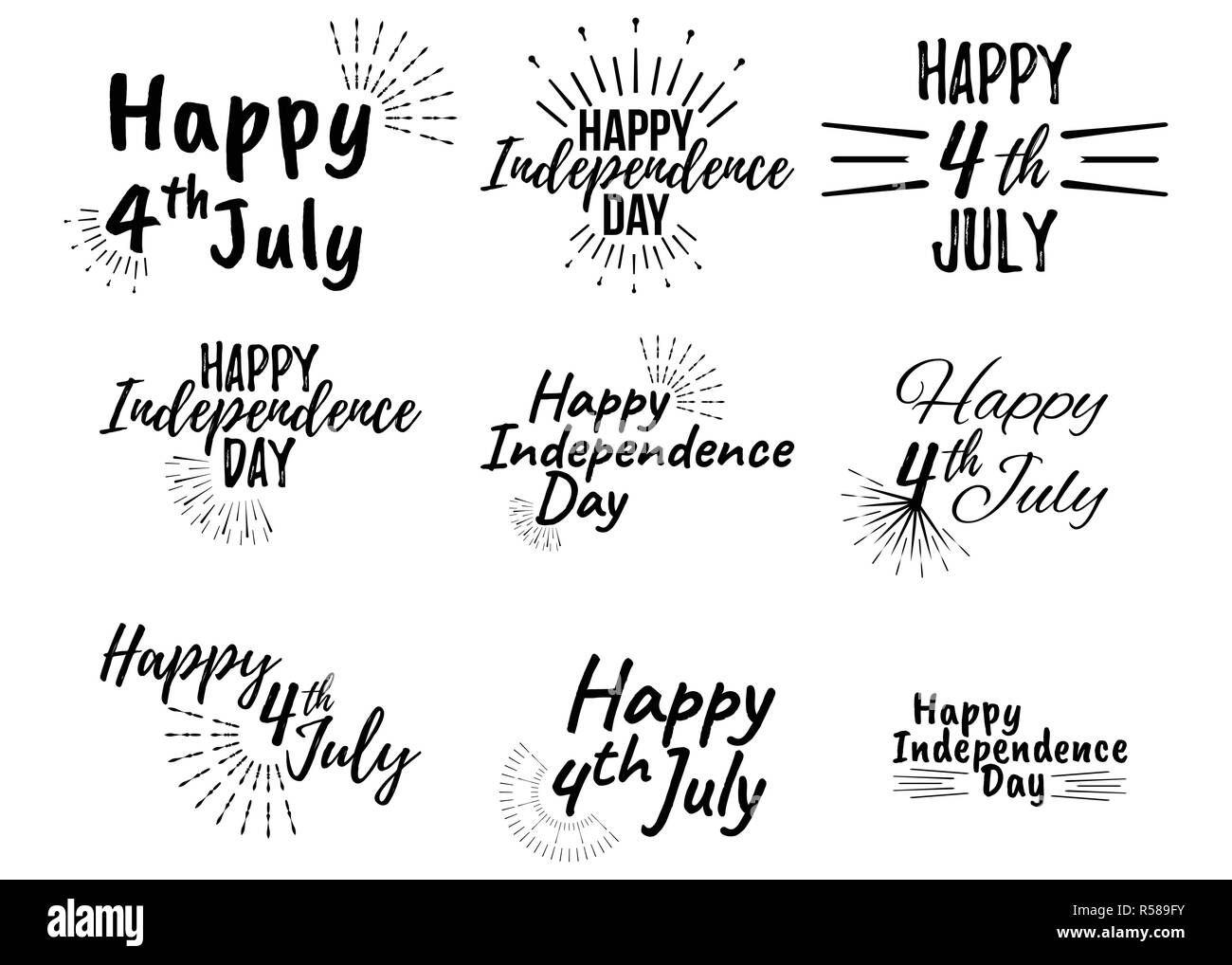 Glücklich 4. Juli und der Tag der Unabhängigkeit. Grußkarten mit der Schriftart. Vector Illustration. Stock Vektor