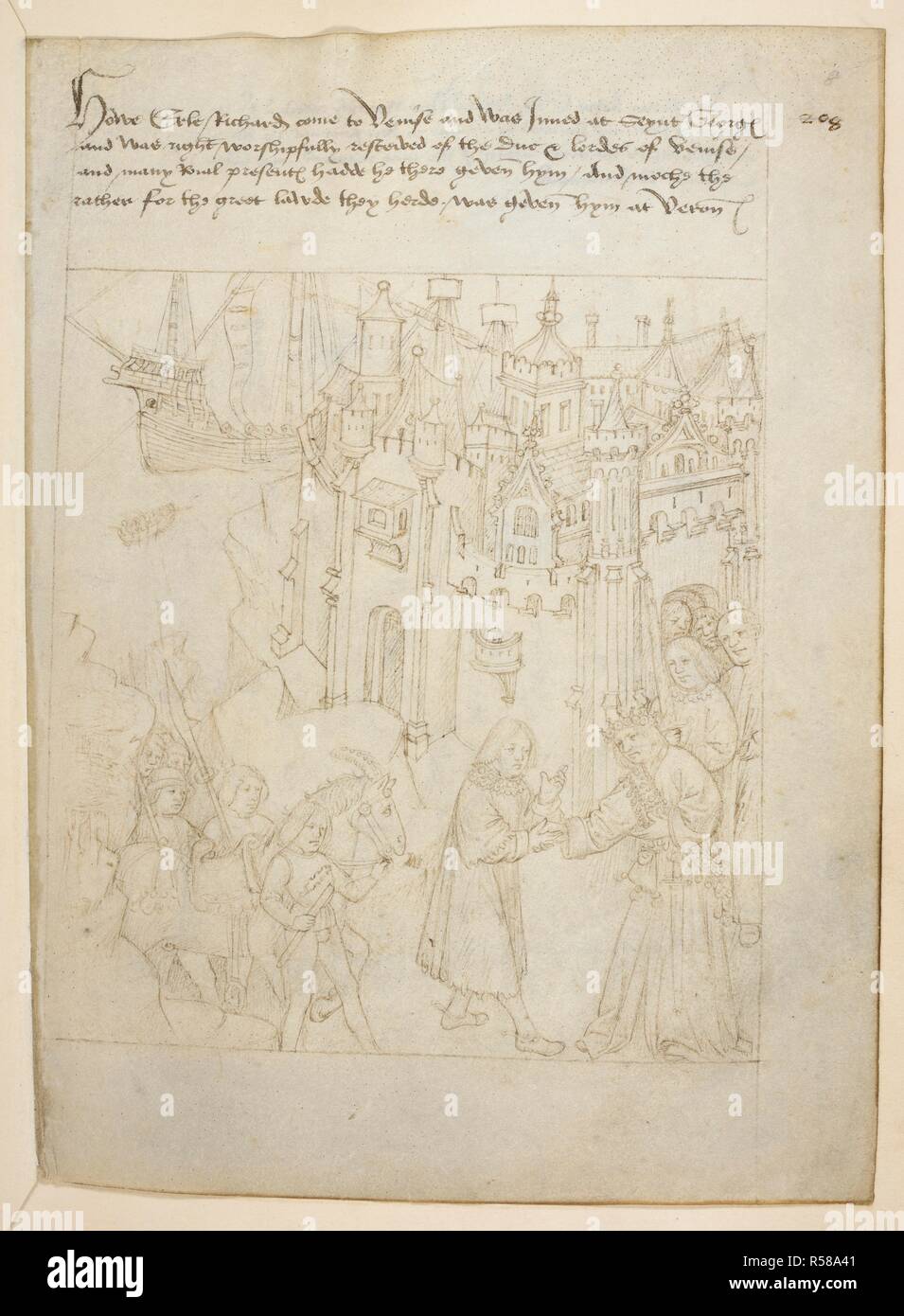 Richard Beauchamp, Graf von Warwick, Venedig zu besuchen. Er ist am Eingang der Stadt von der Doge begrüßt. Beauchamp Pageants. S. Niederlande [Brügge?]; nach 1483. Quelle: Baumwolle Julius E.IV § 6. Stockfoto