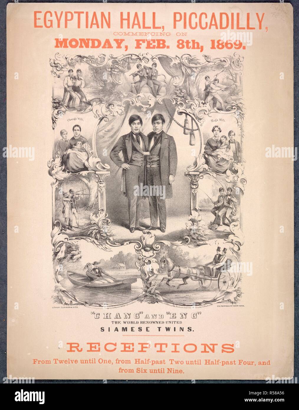 Chang und Eng. Eine Sammlung von Broschüren, Handzettel, und miscella. London, 1869. Chang und Eng das weltbekannte United siamesische Zwillinge. Eine Werbung für eine Ausstellung im Ägyptischen Halle, Piccadilly, am Montag, den 8. Februar 1869. Bild aus einer Sammlung von Broschüren, Handzettel und sonstige Drucksachen im Zusammenhang mit viktorianischen Unterhaltung und Alltag. Ursprünglich veröffentlicht in London, 1869 produziert. . Quelle: EVAN. 482,. Sprache: Englisch. Stockfoto