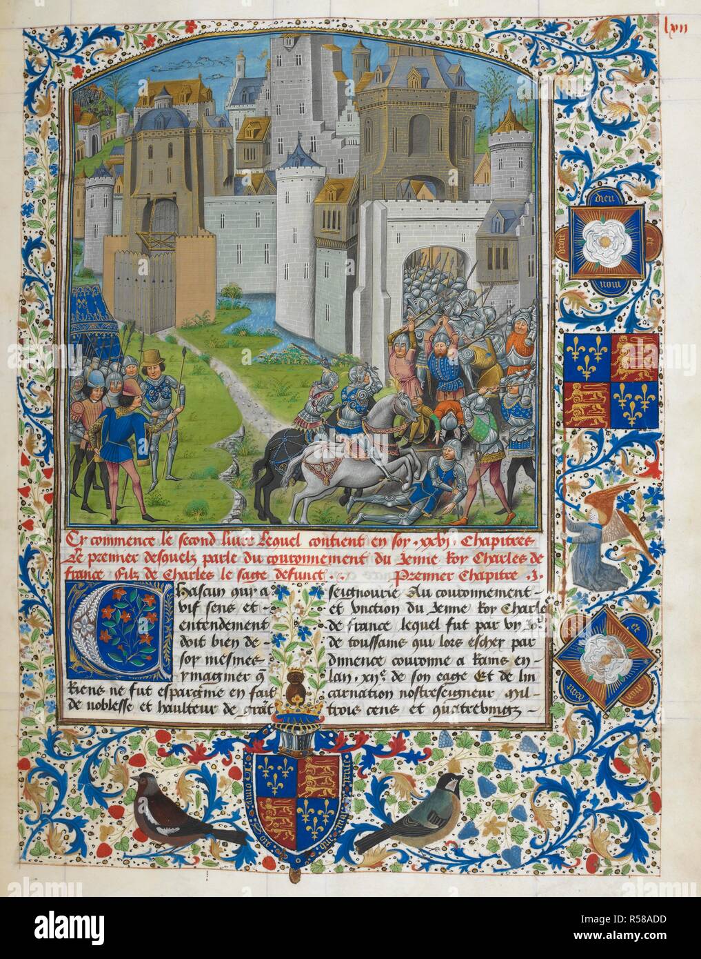 Sortie aus Nantes, dekoriert mit Grenzen einschließlich der Arme von König Edward IV, und die ersten "C" mit folgenden Text. Anciennes et nouvelles Chroniques d'Angleterre (auch als Recueil des bekannten Engleterre croniques d'€™). Frankreich, N.E. (Lille?) und Niederlande, S. (Brügge) Datum C. 1470 - C. 1480. Quelle: Royal 14 E.IV, F71. Sprache: Französisch. Autor: WAVRIN, JEAN DE. Seigneur de Forestel. Stockfoto