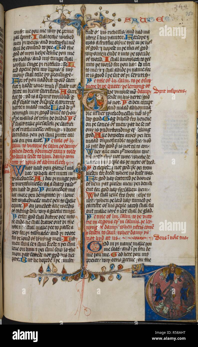 'T beleuchtet" mit einer teilweisen foliate Grenze mit Tierköpfen am Anfang von Psalm 52. Am unteren Rand ist eine zusätzliche Historisierte Initiale 'D' Gottes in der Wolke nach unten werfen Pfeile bei Männern mit Schwerter, Schilde und Achsen aus dem frühen 13. Jahrhundert Magna Glossatura schneiden. Die ersten Worte des Psalms in Lateinamerika sind in den rechten Rand geschrieben, und der ausgeführten Header auter' ('Psalter") ist beschädigt, farbigen Buchstaben in der oberen Rand. Historisierte initialen Schnitt von einer Magna glosatura. England, N.? (Lincoln?); 1. Quartal des 13. Jahrhunderts. Quelle: Arundel 104 Bd. I, F 350. Sprache: Stockfoto