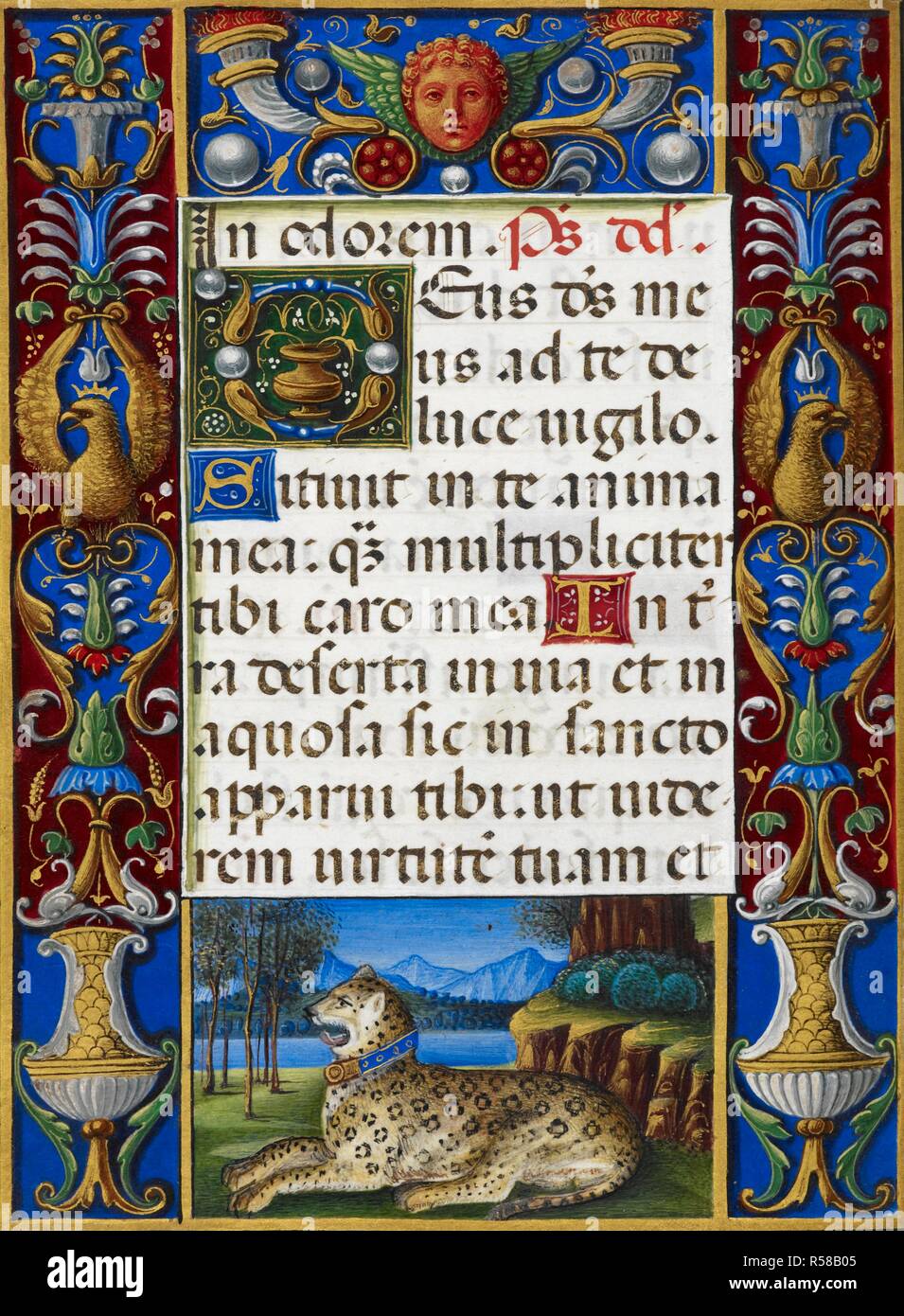 Text Seite von Stunden der Jungfrau mit verzierten Rand zeigt ein gepard in einer Landschaft. Sforza Stunden. Mailand, ca. 1490; Flämische Insertionen, 1517-1520. Quelle: Hinzufügen. 34294, f. 64 v. Sprache: Latein. Autor: Muzio Attendolo Master. Stockfoto