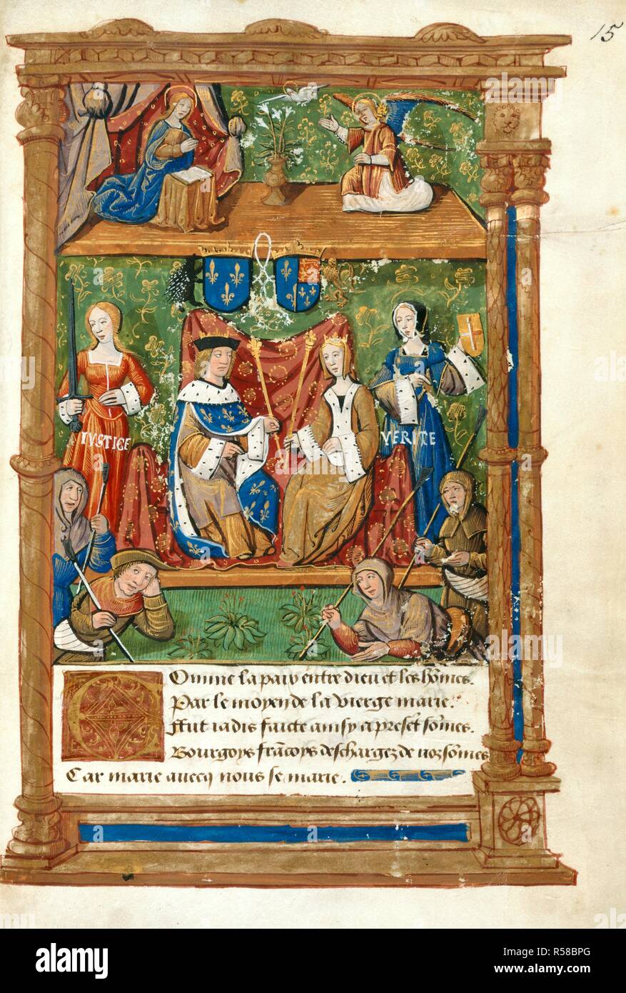 Pageant im Palais Royal. Pageants für die Ehe der Maria Tudor, der Schwester. Frankreich (Paris); 1514. (Ganze folio) Pageant im Palais Royal. Louis und Mary thront, von Gerechtigkeit und Wahrheit besucht; oben, die Verkündigung. Bild von Pageants genommen für die Ehe der Maria Tudor, der Schwester von Heinrich VIII., Ludwig XII. von Frankreich. Ursprünglich veröffentlichte/Hergestellt in Frankreich (Paris); 1514. . Quelle: Baumwolle Vespasian B.II, f 15. Sprache: Französisch. Stockfoto