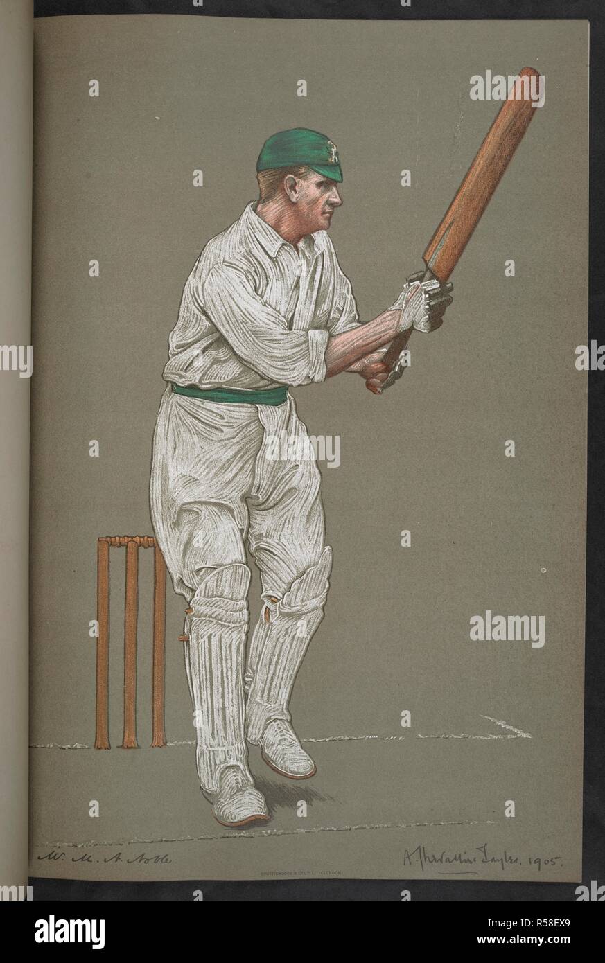 Herr M.A. Edel, Australien. Montague Alfred Nobel (1873-1940) war ein Australischer cricketer für New South Wales und Australien gespielt. Der Empire Cricketers. Von Originalzeichnungen von A. Chevallier Tayler. Mit biographischen Skizzen von G. W. Beldam. Saison 1905 [48 Platten mit beschreibenden Text.]. [London]: Die Kunst, Gesellschaft, Ltd 148 New Bond Street, W., [1905]. Quelle: C 194 C 87, Platte 13. Sprache: Englisch. Stockfoto