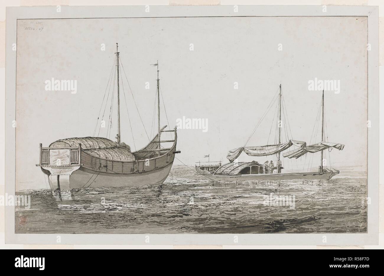 Chinesische Dschunken. Während die dritte Reise von Captain Cook, 1776-1780. 90 Zeichnungen, einige in Tusche, einige farbige, von J. Webber während der dritten Reise von Captain Cook, 1776-1780 ausgeführt. 1776-1780. Quelle: Hinzufügen. 15514, Nr. 47. Autor: Mark Webber, John. Stockfoto