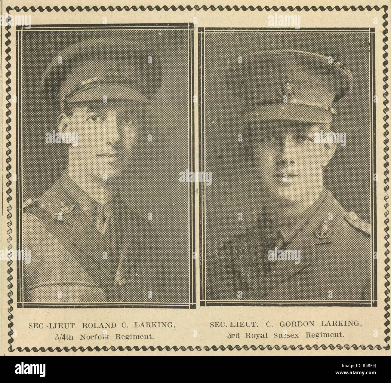 Fotografische Porträts von zwei Britische Offiziere: Sec-Lieut. Roland C. kleine Skikönige, 3/4 Norfolk Regiment; und Sec-Lieut. C. Gordon kleine Skikönige, 3 Royal Sussex Regiment. South Eastern Amtsblatt. England, 1916. Quelle: South Eastern Gassette, 08. Februar 1916 Seite 3. Stockfoto