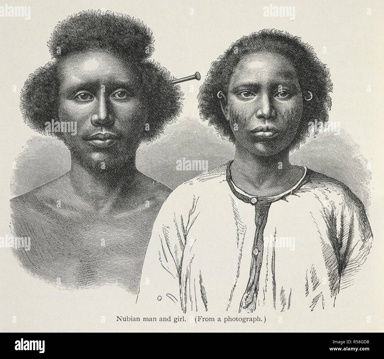 Eine Nubische Mann und Mädchen. Die Geschichte der Menschheit/Trans von der Zweiten Deutschen von A. J. Butler bearbeitet werden. v. 3, 1898. [U.a.] : Macmillan, 1896-1898. Quelle: 572* 3343* Vol. III, f. 182 detail. Sprache: Englisch. Autor: Ratzell, Friedrich. Stockfoto