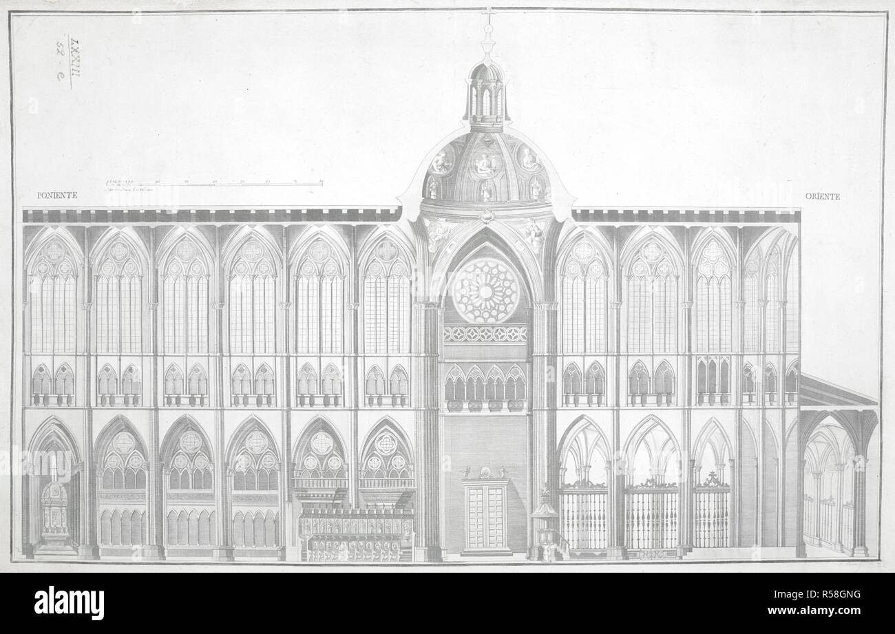 Ein Abschnitt von LeÃ³n Kathedrale von Süden gesehen, mit drei Spitzbögen im Kirchenschiff und Chor dekoriert mit Schnitzereien auf der linken Seite. Bemalte Kuppel in der Mitte des Querschiffs mit Rosette, clerestory und Kanzel, und Kapellen im Chorumgang der Apsis auf der rechten Seite. Abschnitt der Kathedrale von Leon. [Madrid]: [Blas www.¡n], [um 1790]. Quelle: Karten K. Top. 73.52. e. Sprache: Spanisch. Stockfoto