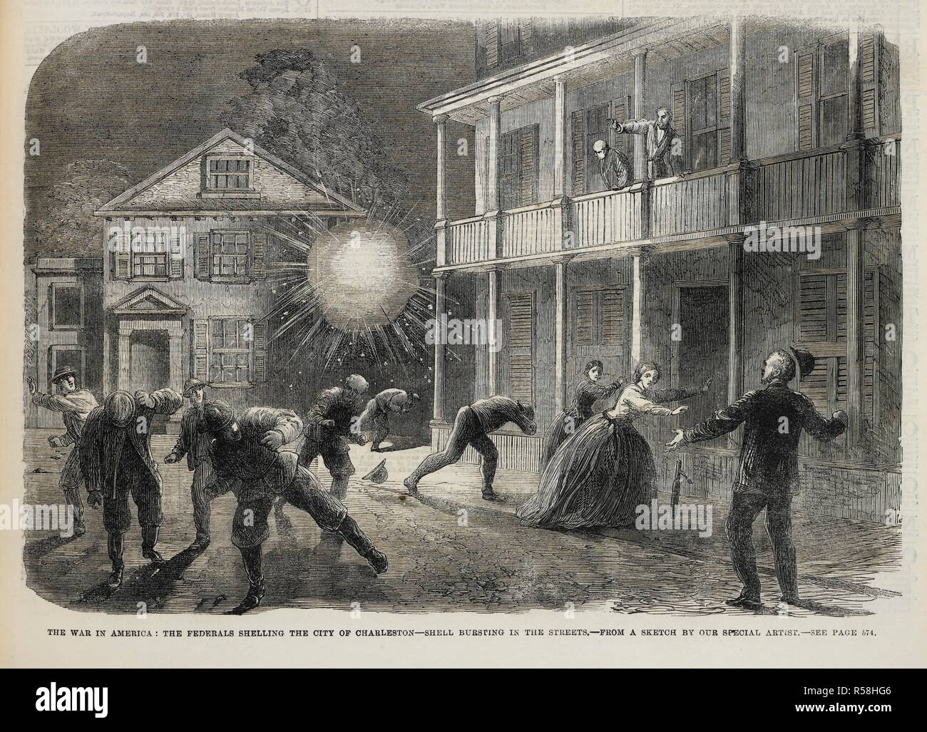 Der Krieg in Amerika: Die federals Beschuss der Stadt Charleston - shell Platzen in den Straßen. Illustrated London News. London, 5. Dezember 1863. Amerikanischer Bürgerkrieg. Quelle: S. S. 7611 Seite 561 band 43. Stockfoto