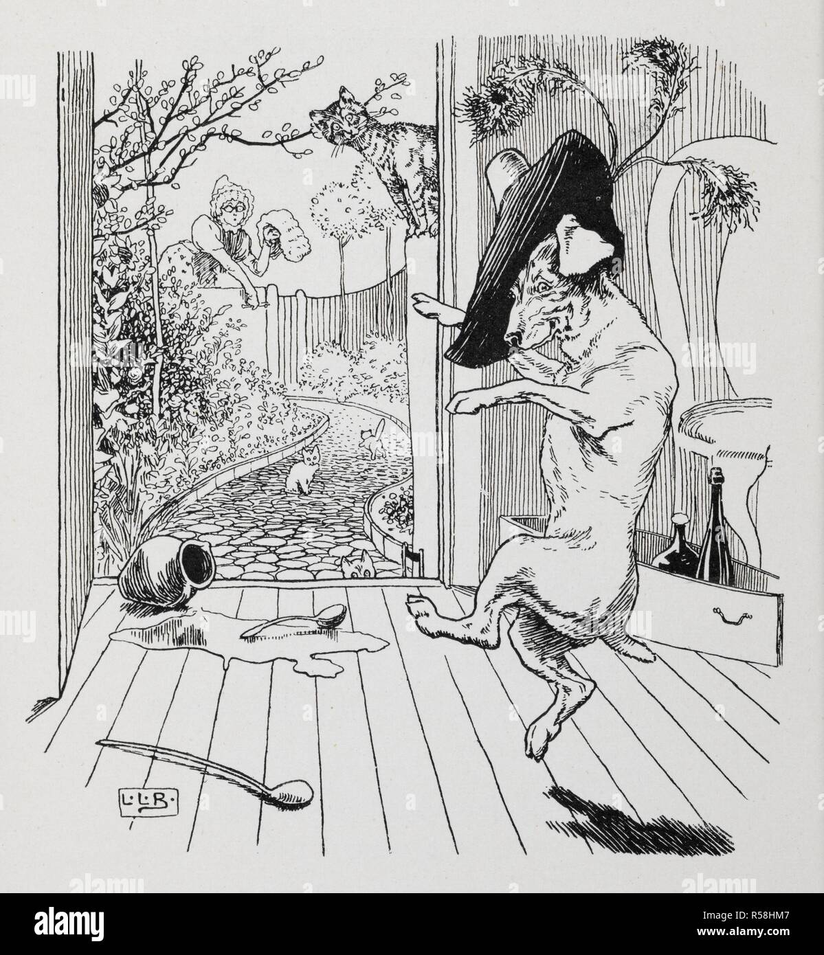 Szene mit der Darstellung eines tanzenden Hund einen Hut tragen, von einer Frau und Katze beobachtet werden. Die Kinderlieder Buch. Von Andrew lang bearbeitet. Illustriert von L.L.Brooke. London: Frederick Warne & Co., 1897. Quelle: 012806.m., 10. Seite 165. Stockfoto