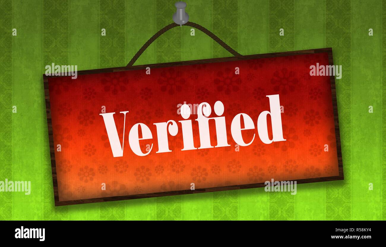 Verifizierte text auf hängende orange. Grün gestreiften Hintergrund. Stockfoto
