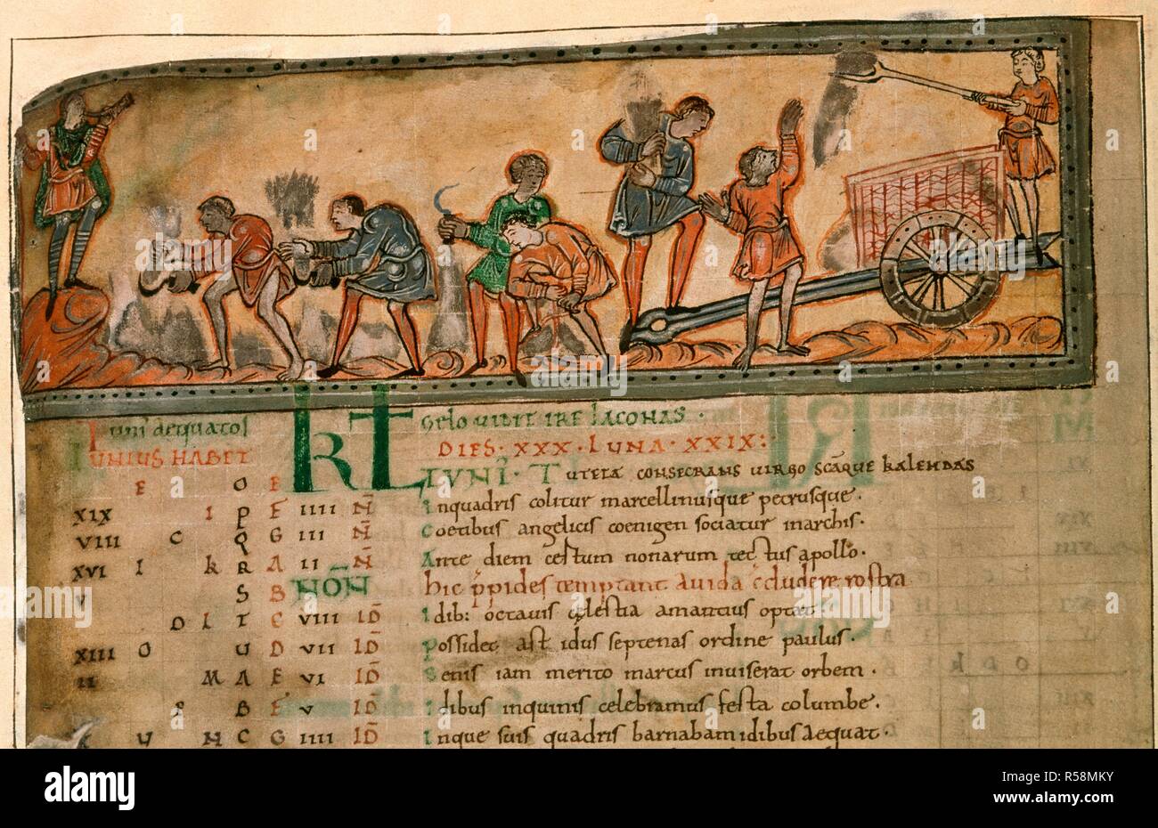 Der heuernte. Die angelsächsischen Kalender. England [Winchester?]; im zweiten Quartal 11 Prozent. [Ls] Kalender Seite für Juni. Mann Horn bläst, während vier Männer schneiden Heu sind mit Sicheln, der andere hält eine Garbe. Stehend auf dem Wagen, ein anderer hält eine Heugabel Bild aus dem angelsächsischen Kalender übernommen. Ursprünglich/in England [Winchester?] veröffentlicht; im zweiten Viertel des 11. Jahrhunderts. . Quelle: Cotton Tiberius B.V, Teil 1, w.5 v. Sprache: Latein. Stockfoto