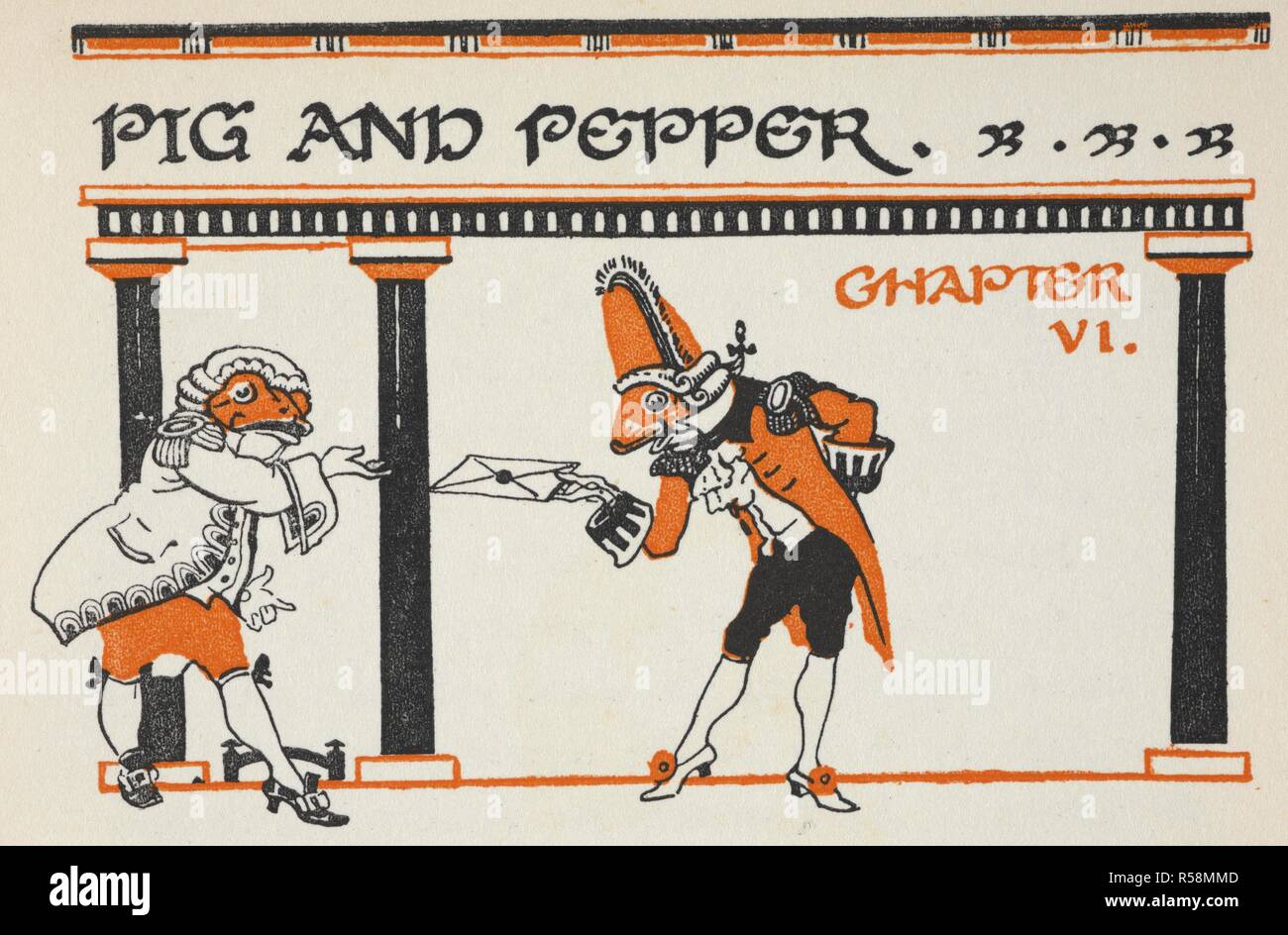 Abbildung: ein Frosch und ein Fisch an Fußvolk Austausch einen Brief unter der Überschrift "Schweine- und Pfeffer" gekleidet. Alice im Wunderland von Lewis Carroll; von Gwynedd M. Hudson dargestellt. [?] London: Hodder und Stoughton, [1922?]. Quelle: YA.1997.b4119 Seite 71 Detail. Stockfoto