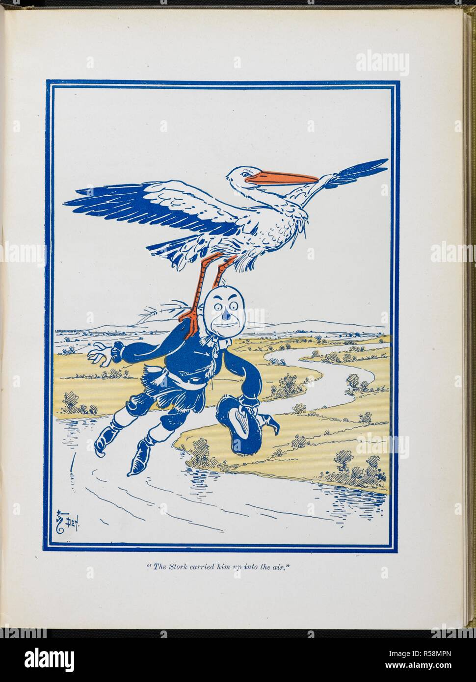 "Der Storch trug ihn in die Luft". Ein Storch, der vogelscheuche. Die neuen Zauberer von Oz... Mit Bildern von W. W. Denslow. Bobbs-Merrill Co.: Indianapolis; Hodder & Stoughton: London, [1906]. Quelle: 12813.tt.15 der gegenüberliegenden Seite 92. Autor: Baum, Lyman Frank. Leason, Percy Alexander. Stockfoto