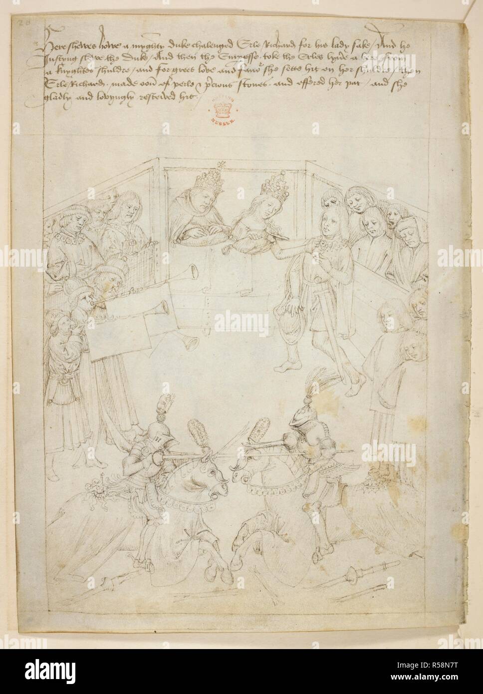 Pageant XXXIV. Richard Beauchamp, Graf von Warwick Ritterspiele mit dem Herzog vor dem Kaiser Sigismond und der Kaiserin Barbara, mit dem Gericht sitzt. Die Trompeten blasen eine Fanfare wie Richard tödlich verwundet sein Gegner in der Brust. Die Kaiserin ihren Gunsten zeigt an Richard, wie sie erreicht heraus der Bär Abzeichen von seinem Ritter zu übernehmen und die Kurven, die Knie zu ihr. Die Zeichnung zeigt einen Zweikampf à outrance, kämpften, wie es vor 1429, wenn die Neigung war eingeführt hätte. Beauchamp Pageants. S. Niederlande [Brügge?]; nach 1483. Quelle: Baumwolle Julius E.IV, § 6, f 17 v. Sprache: Englisch. Stockfoto