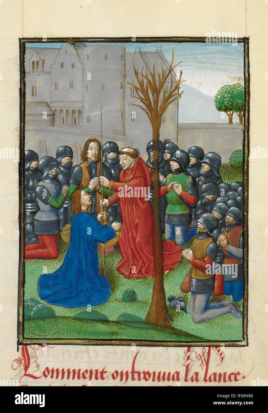 Die Suche nach der Lanze, mit der der Seite Christi durchbohrt wurde. Soldaten versammelt um, kniend im Gebet. Chronique d'Ernoul et de Bernard Le Tresorier. Übersetzung ins Französische, und Fortsetzung bis 1231, der Lateinischen Geschichte der Kreuzzüge von Guillelmus, Erzbischof von Reifen (1174-1190?). Der französische Text von William ist Gedruckt von Paulin Paris (Guillaume de Tyr, Paris, 1879). S. Niederlande [Brügge]; Ende des 15. Jahrhunderts. Quelle: Royal 15 E.I, f. 98 v. Sprache: Französisch. Autor: Ernoul, Bernard, Schatzmeister von Corbie. Stockfoto