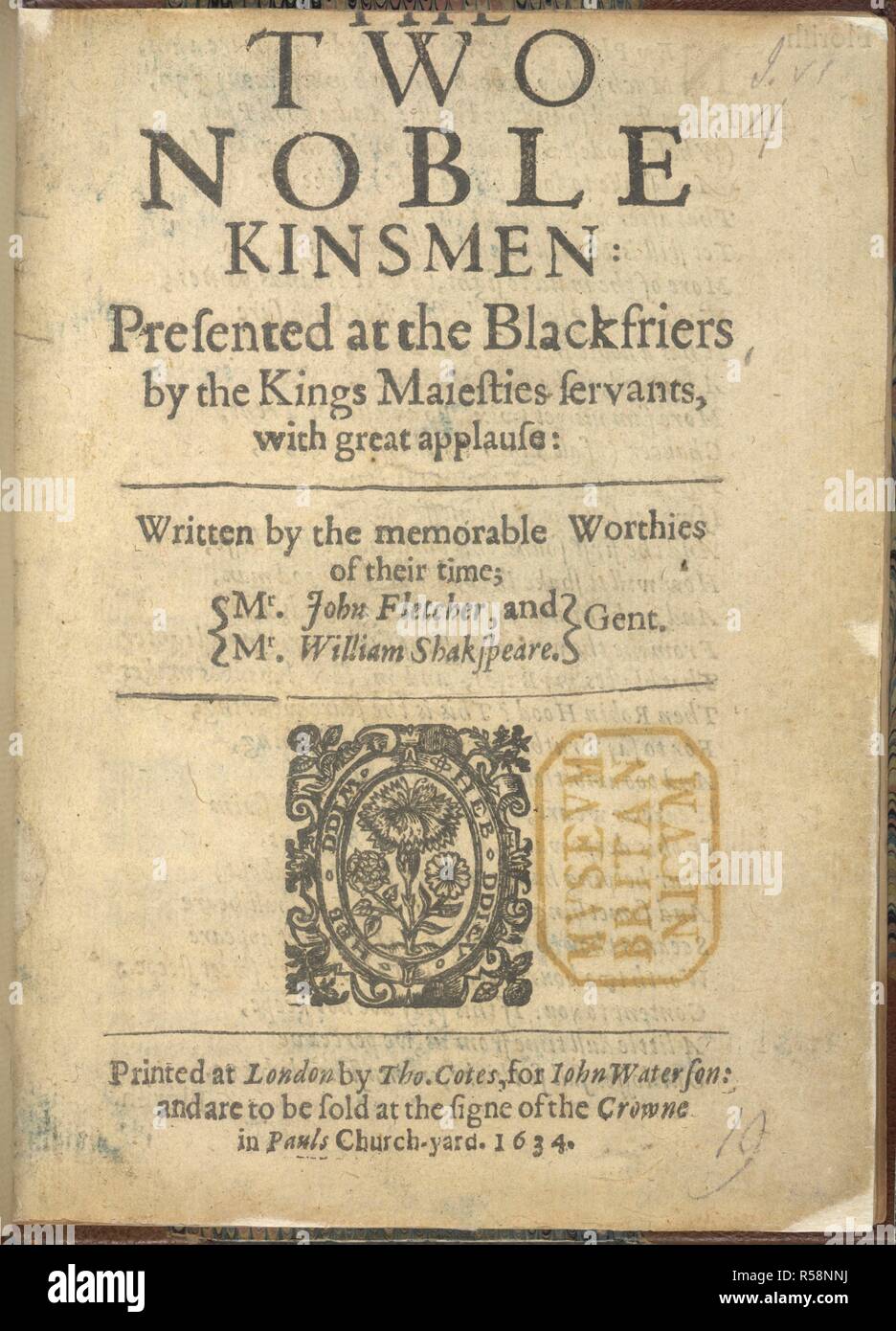 Die beiden Edlen Gefreundeten. Die zwei Noble Kinsmen: [in fünf Akten in Vers]. T. Cotes für J. Waterson: London, 1634. Quelle: C.34.B.23, Titelseite. Sprache: Englisch. Stockfoto