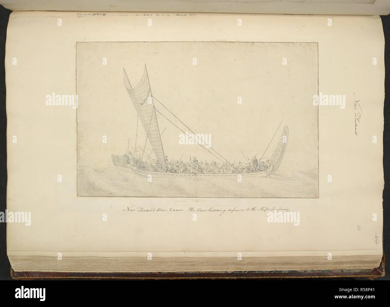 [Ganzen] eine doppelte Kanu unter Segeln; die Crew bidding Defiance bei den Schiffen, die Firma. Einige sind die Durchführung der Haka oder Krieg Tanz. Ein Chief steht in der Stern schwingt ein "reines", einem Maori Krieg Waffe; ein weiteres mittschiffs hält eine 'taiaha', eine lange behandelt Mitarbeiter oder Club. Die Auseinandersetzung wurde in Joseph Banks' Journal am 2. November 1769 beschrieben. Eine Sammlung von Zeichnungen in den Ländern besucht von Captain Cook in seiner ersten Reise, 1768-1771. Neuseeland; 1769. Quelle: Hinzufügen. 23920, f 48. Sprache: Englisch. Thema: spö¶ Ring, Hermann Diedrich. Stockfoto