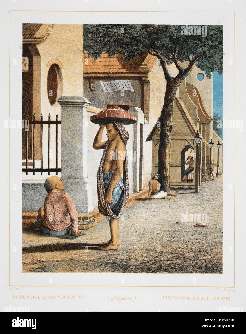 Kinder verkaufen Süßigkeiten in einer Straße. Menschen in Indonesien. Nederlandsch Oost-Indischen Typen. Arten Neerlandais Indiens. ... S'Gravenhage, 1854-56. Farbe Abbildung. Quelle: 1781 C.23, Platte 28. Sprache: Holländisch. Thema: Pers, A. Van. Stockfoto