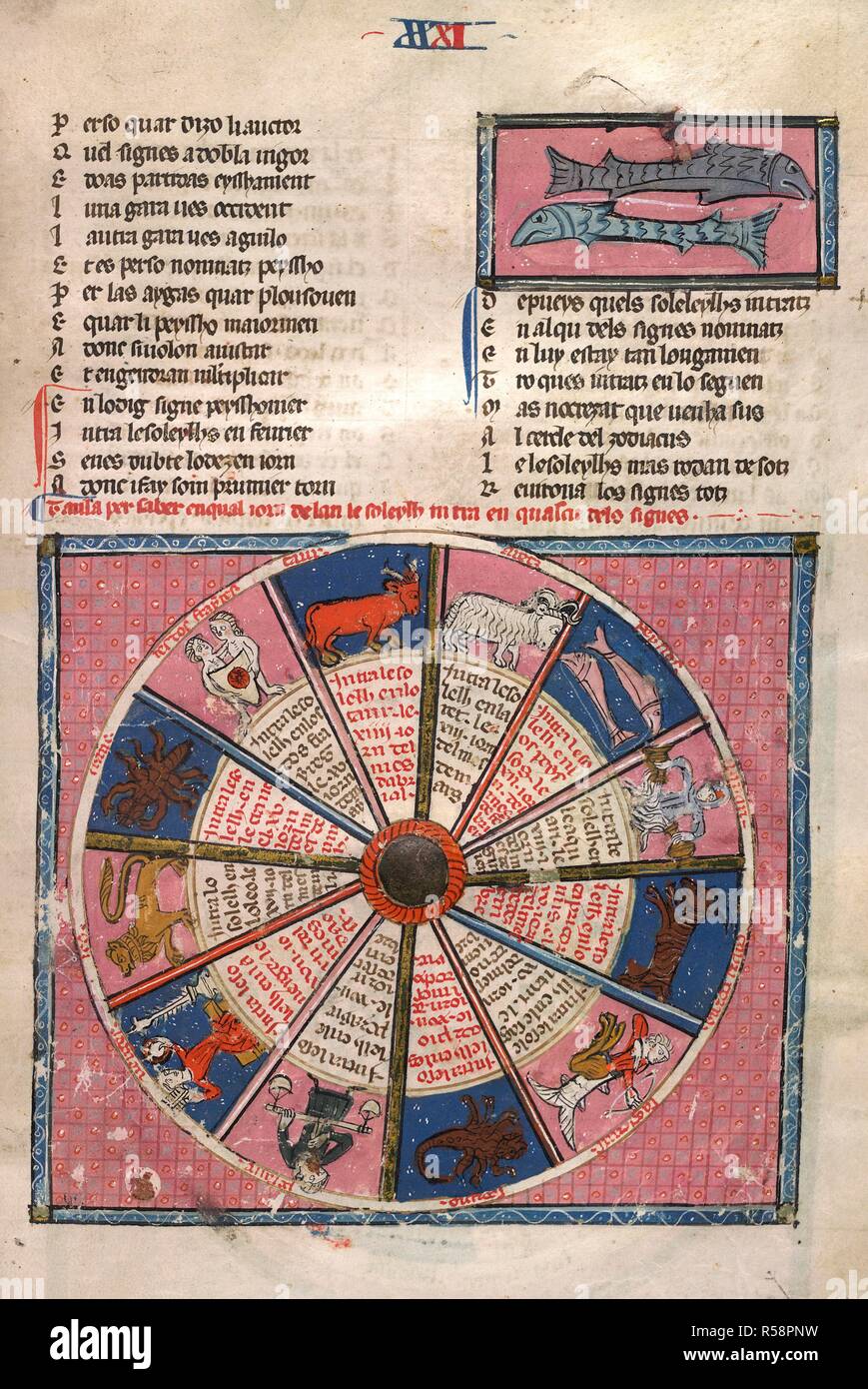 Kreisdiagramm mit Angabe des Datums, an dem die Sonne jedes Haus des Tierkreises. Le Breviari d'Amors. Südfrankreich; Anfang des 14. Jahrhunderts. Quelle: Royal 19C I, f 37. Sprache: Französisch (ProvenÃ§al). Thema: matfre Ermengaud,. Stockfoto