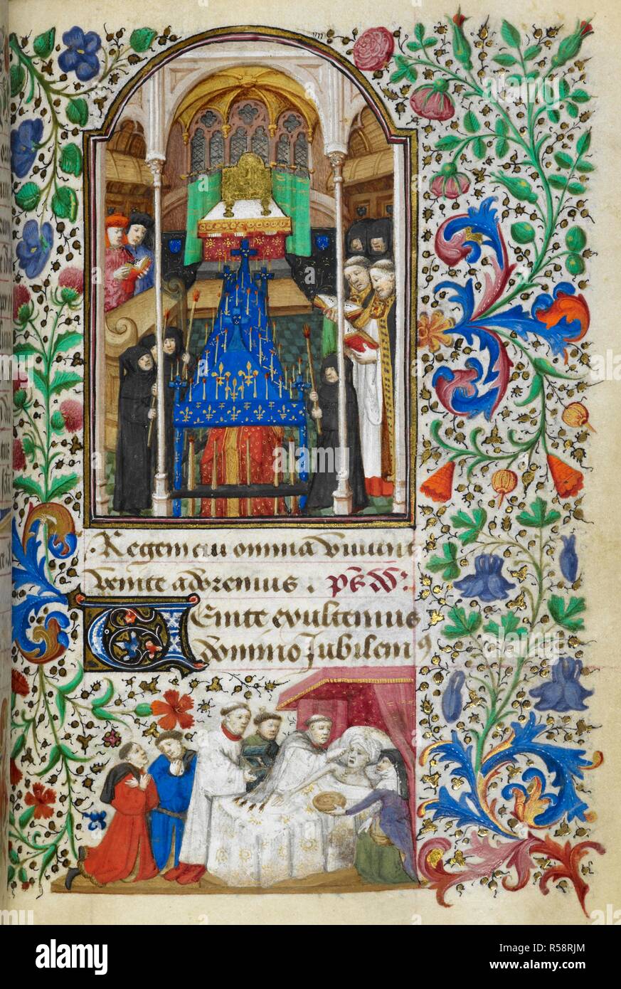 Miniatur der Priester beten um eine drapierten Sarg auf einem katafalk vor dem Altar und mit Kapuze trauernde Kerzen tragen. Eine Szene in der unteren Marge von einem Priester der Spendung des Sakramentes der Krankensalbung (Letzte Riten) zu einem gebrechlichen Mann in einem Himmelbett liegen, zu Beginn der Matutin des Amtes der Toten. Buch der Stunden, Gebrauch von Rom ("Die Dunois Stunden"). Frankreich, Zentrale (Paris); c. 1440 - C. 1450 (nach 1436). Quelle: Yates Thompson 3, w.211. Sprache: Latein, mit einem französischen Kalender. Stockfoto