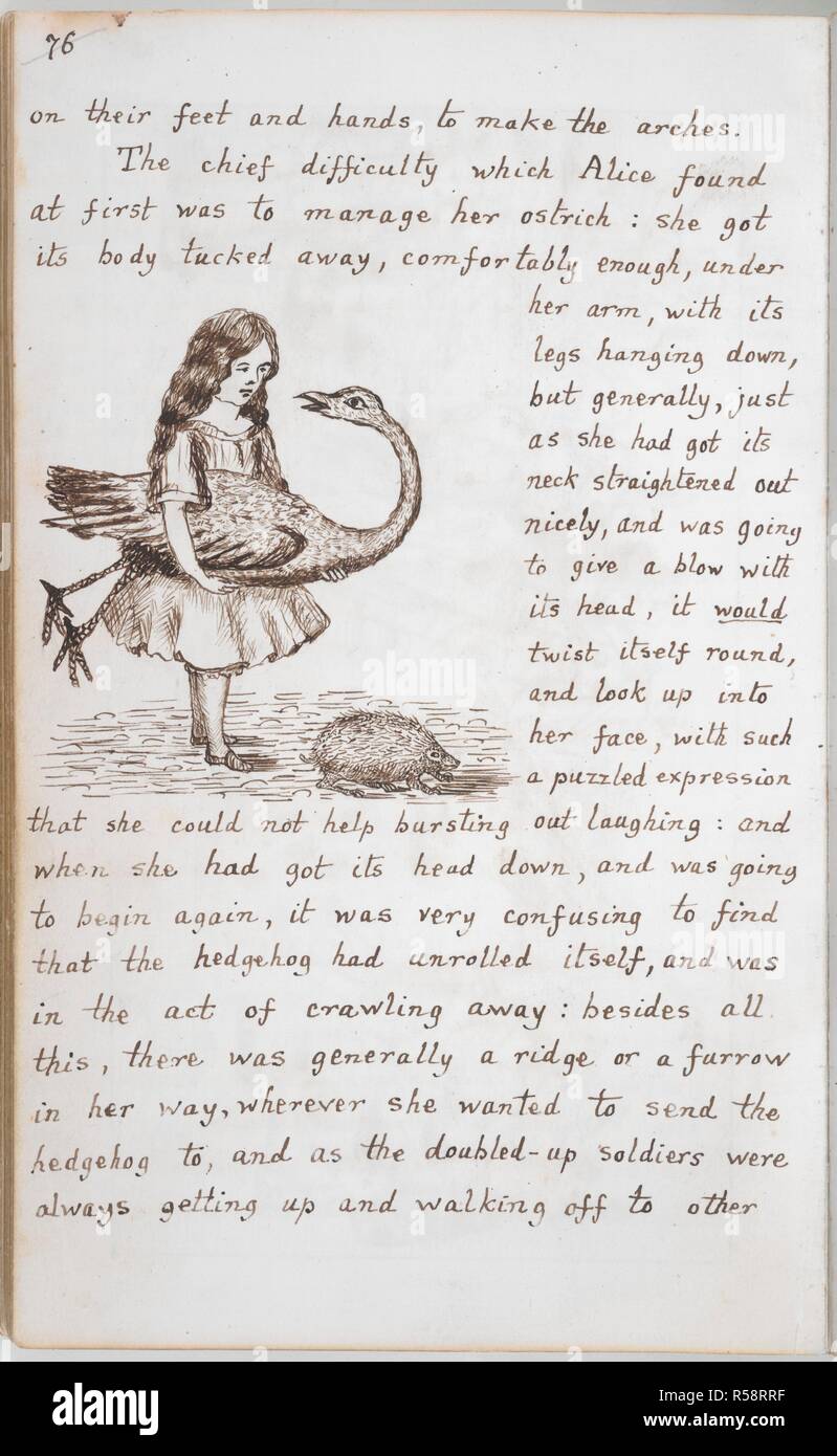 Alice bereitet sich für Krocket. Alices Abenteuer im Wunderland unter der Erde []. England [Oxford]; 1862-1864. [Ganze folio] Text und Zeichnung von Kapitel IV: Alice bereitet die Krocket übereinstimmen. Unter den Arm hält sie den Vogel [hier ein Strauß genannt, aber danach ein Flamingo] als Hammer verwendet werden, mit dem Igel, die die krocket Kugel, zu ihren Füßen Bild von Alice's Adventures in Wonderland unter der Erde [] genommen. Ursprünglich veröffentlicht in England [Oxford] hergestellt; 1862-1864. . Quelle: Hinzufügen. 46700, f 39 v. Sprache: Englisch. Autor: Charles Lutwidge Dodgson,. Dodgson, Charles Lutwi Stockfoto