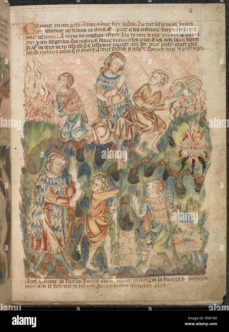 Die Opfer von Kain und Abel. Holkham Bible Picture Book. England, ca. 1320-1330. [Ganze folio] Obere Teil der Zeichnung; Adam im Zentrum. Abel Opfer einen Widder, der Rauch aufsteigend wie Weihrauch; kontrastieren mit Kain, der Opfer, die Riemenscheiben von Weizen, das Unkraut enthält; der Rauch Abstieg in die Hölle in den Mund. Unten, Adam ermahnt sie den Zehnten und die ersten Früchte zu bieten. Adam hält einen pastoralen Mitarbeiter, und Kain, mit einer Mistgabel, sieht Runde truculently Bild von holkham Bibel Bilderbuch. Ursprünglich veröffentlicht in England hergestellt, ca. 1320-1330. . Quelle: Hinzufügen. 47682, f 5. Sprache: F Stockfoto