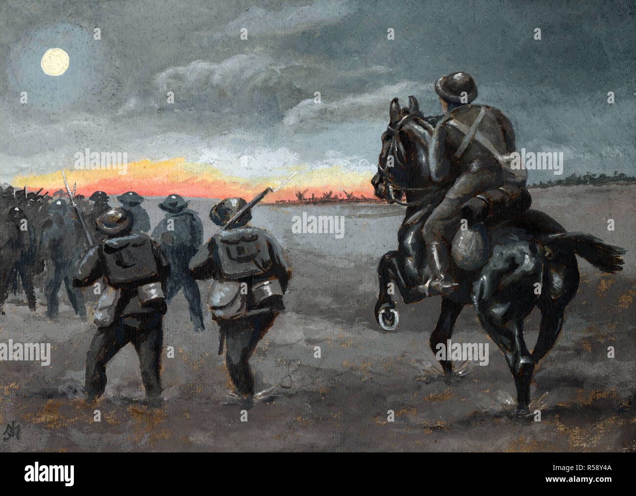 Skizzen und Zeichnungen von WW I-Soldaten in der Nacht marschieren Stockfoto