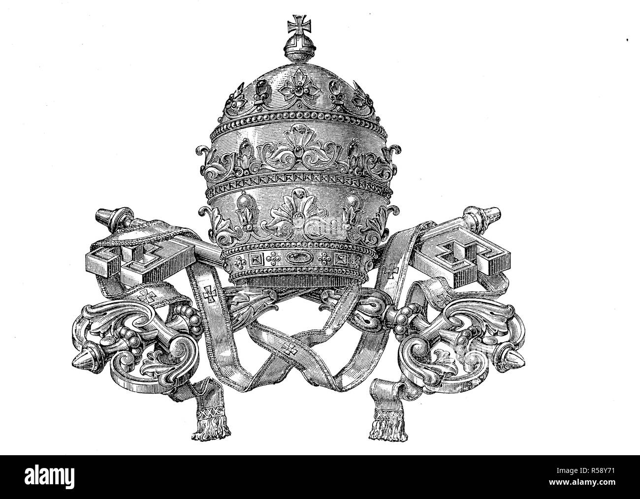 Digital verbesserte Reproduktion, päpstliche Krone mit Schlüssel, Tiara, PÃ¤pstliche Krone mit SchlÃ¼ssel, Tiara, original Drucken aus dem 19. Jahrhundert. Stockfoto