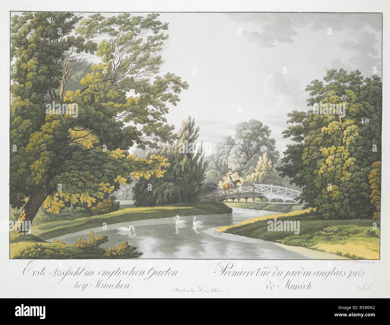 Ein Reiter überquert eine Brücke über den Schwabingerbach im Münchner Englischen Garten, mit Schwäne schwimmen in den Vordergrund. Die erste Ansicht im englischen Garten bey München = Premiere Vue du Jardin Anglais prÃ¨s de München. Mannheim: bey Dom. Artaria, [ca. 1802]. Handcolorierte Radierung und Aquatinta. Quelle: Karten 7 Tab.64. Sprache: Deutsch und Französisch. Stockfoto