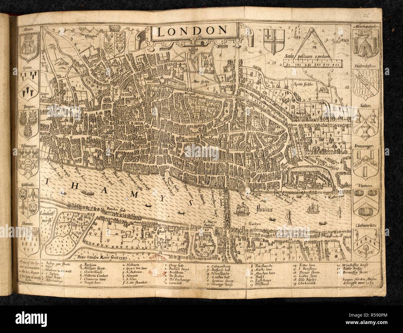 Eine Karte von London. London. Johannes Norden Anglus descripsit anno 1593. Pieter vanden Keere fecit. Scala Passuum 5 pedum, 320 [= 25 mm]. [London], 1593. Quelle: Karten C.7. b) 23. (1.), gegenüberliegenden Seite 26. Sprache: Englisch. Stockfoto