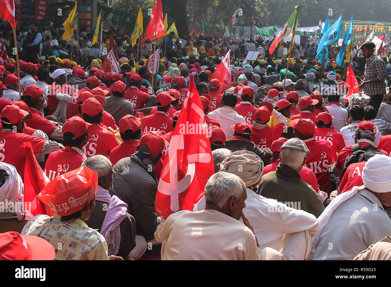 November 29, 2018 - November 30, 2018 - New Delhi, Indien â € "Tausende von Bauern und der Landwirtschaft Arbeiter über dem Land, unter dem Banner von mehr als 200 Organisationen Weg zur indischen Parlaments während einer Protestkundgebung in Neu Delhi am 30. November 2018. Die Landwirte sind anspruchsvolle highier Preise für ihre Erzeugnisse und eine Regierung weiver auf ihrer Farm Darlehen Härten zu mildern. (Bild: © Sauvik Acharyya/ZUMA Draht) Stockfoto