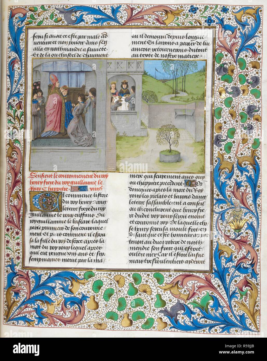 Miniatur der Krönung von König Henry I. Chroniques d'Angleterre. S. Niederlande (Brügge?); ca. 1470-1480. Quelle: Royal 15 E.IV, F 246. Sprache: Französisch. Autor: WAVRIN, JEAN DE. Stockfoto