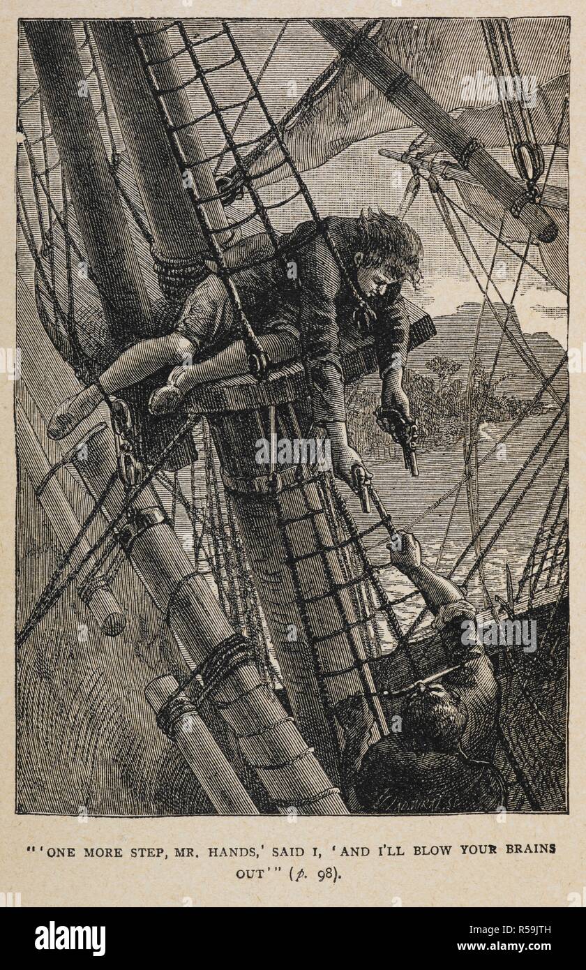 Jim Hawkins, in der mizzen Verkleidungen, eine Bedrohung für Israel Hände zu schießen. Treasure Island... Illustriert. London: Cassell & Co., 1903. Quelle: 12651.h. 2. (5). Autor: Stevenson, Robert Louis. Stockfoto