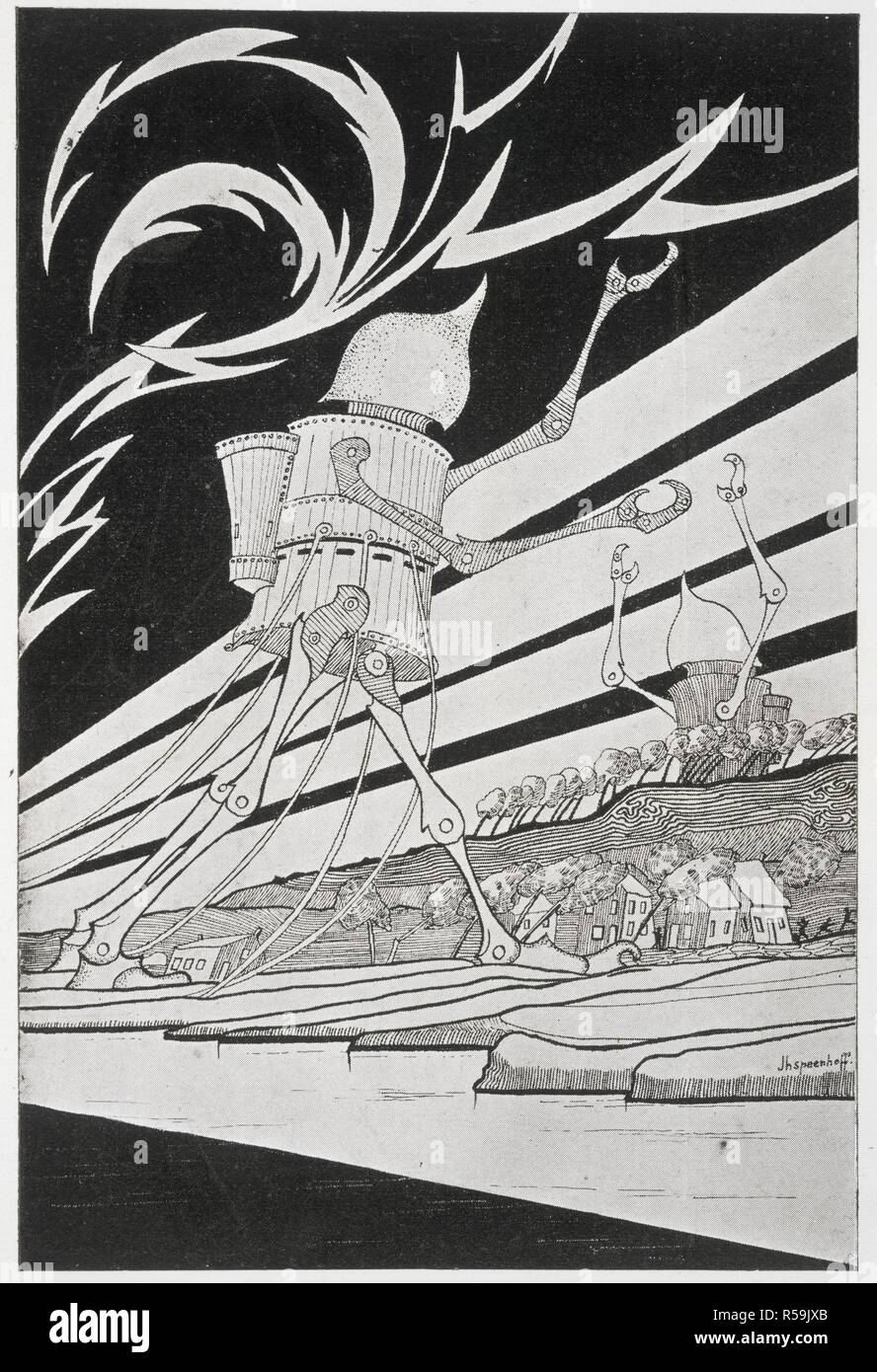 Martian Invasoren. Abbildung für "Krieg der Welten". De strijd der werelden... vertaald door B. Canter. Amsterdam: Cohen Zonen, 1899. Martian Maschinen auf der Erde. Bild von De strijd der werelden vertaald door B. Canter genommen. (Der Krieg der Welten). [Ill. von J. B. Speenhoff.]. Ursprünglich veröffentlicht in Amsterdam produziert: Cohen Zonen, 1899. . Quelle: 1609/5429,. Sprache: Holländisch. Autor: Speenhoff, Jacobus Hendrik. Stockfoto