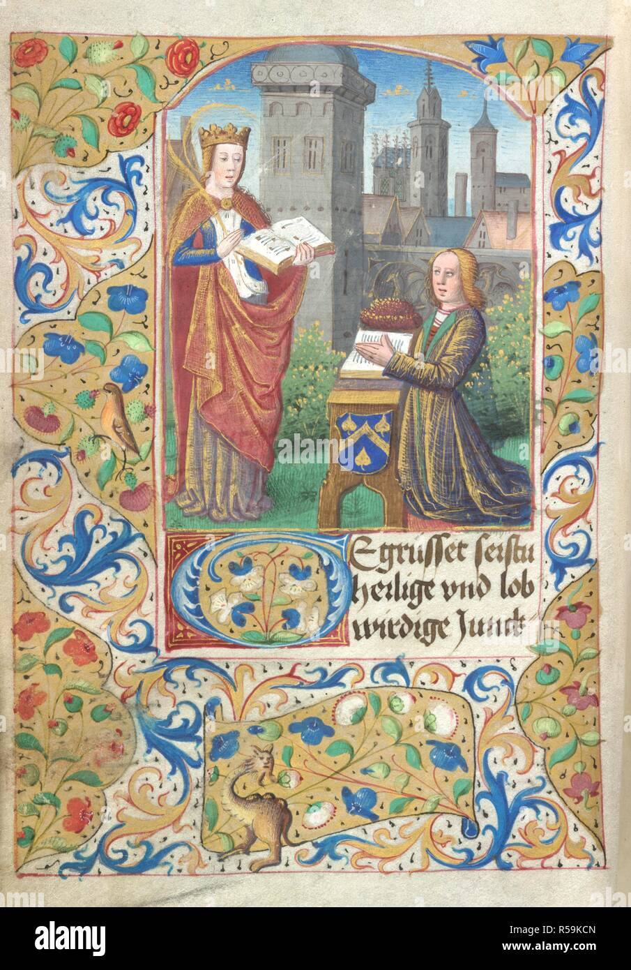 Schirmherr mit der hl. Barbara. Buch der Stunden. Frankreich; ca. 1470-1480. [Ganze folio] Der Patron, mit Wappen auf der Prie-Dieu, kniend vor der Hl. Barbara, die ein offenes Buch hält und trägt ein märtyrer Palm. Eine ummauerte Stadt im Hintergrund. Text beginnend mit ersten 'B', Bratschen. Grenzen der Foliate Dekoration, mit einem Vogel, und am Fuß, ein Tier grotesk. Von einem deutschen Schreiber in Frankreich Bild aus dem Buch von Stunden arbeiten produziert. Ursprünglich veröffentlicht in Frankreich hergestellt; ca. 1470-1480. . Quelle: Hinzufügen. 15702, f.248 v. Sprache: Deutsch. Thema: Kreis der Meister des Jacques de BesanÃƒAE'Ã'Â Stockfoto