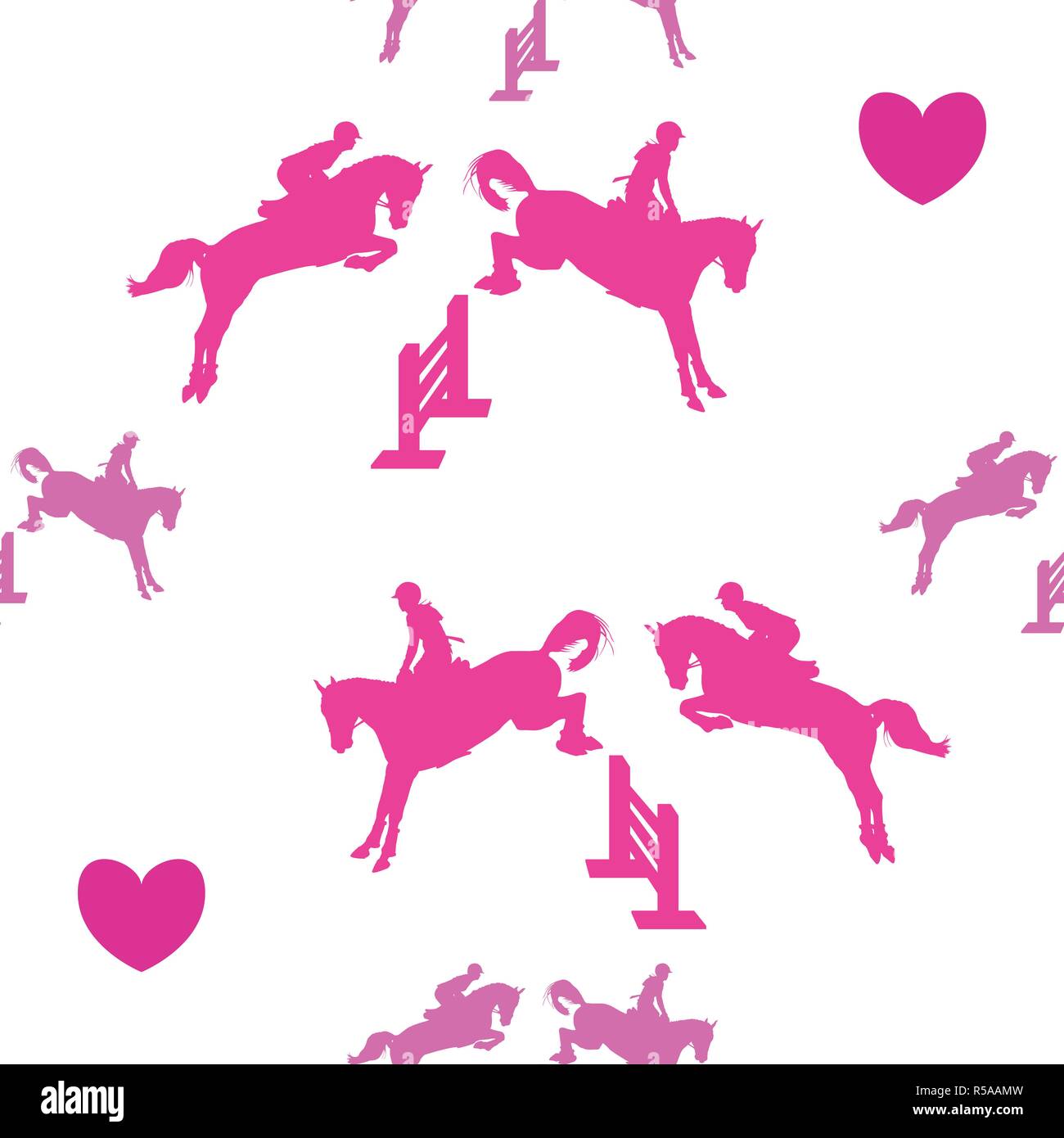 Equestrian nahtlose Muster in Kunststoff rosa Farbe - Reiter auf dem Pferd, springen über einfache Hindernisse und zufällig Herzen. Pferd Thema. Für Stock Vektor
