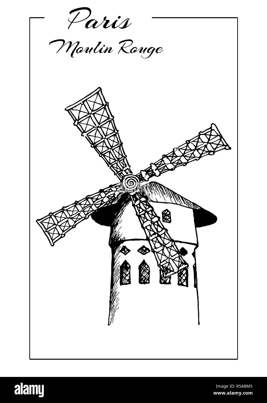 Kabarett Moulin Rouge in Paris, Frankreich. Skizze Vector Illustration Stockfoto